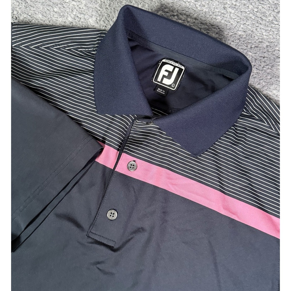 FootJoy FJ Mens Large Polo Shirt Athletic Fit Navy Pink Stripe Golf Performance